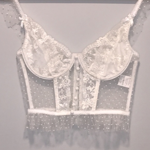 ⭐️ NWOT Polka Dot Mesh Bridal White Tully Corset Bustier Top - Picture 2 of 6